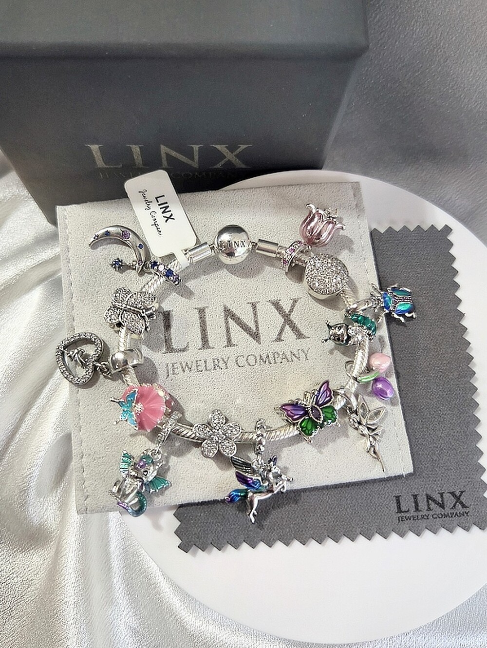 Linx Silver Snake Chain Bracelet with Fairy Unicorn And Dragon Themed Charms